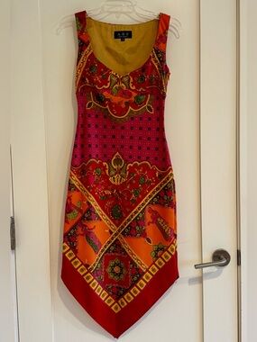 Allen B. By Allen Schwartz Pink and Orange Printed Handkerchief-Hem Mini Dress